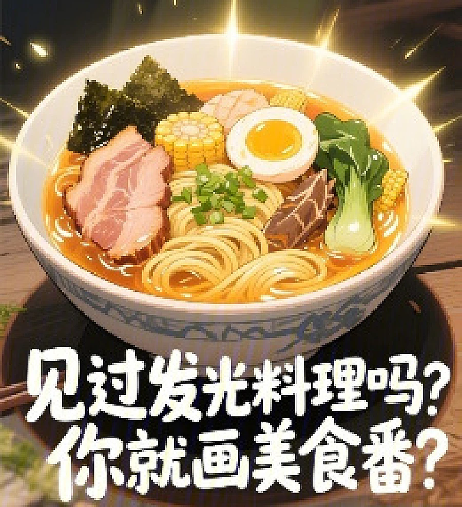 Cover image for Have you ever seen glowing food? That's why you draw a food-themed anime. (Você já viu comida brilhante? É por isso que você desenha um anime gastronômico?; Вы когда-нибудь видели светящуюся еду? Зачем же вы рисуете аниме о еде?; Bạn từng thấy món ăn phát sáng chưa? Sao lại vẽ anime chủ đề ẩm thực?; Pernahkah kamu melihat makanan bercahaya? Kenapa kamu menggambar anime bertema kuliner?; ¿Has visto comida brillante? ¿Y por eso dibujas un anime de gastronomía?; Jiànguò fāguāng liàolǐ ma, nǐ jiù huà měishí fān?; 见过发光料理吗，你就画美食番？)
